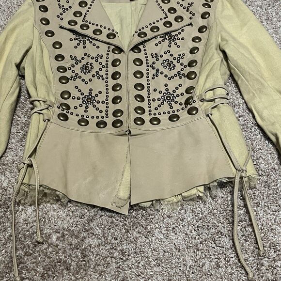 DOUBLE D RANCH Women's XS Beige Tan Studded Western Shirt Jacket Coat LEATHER - Picture 3 of 16